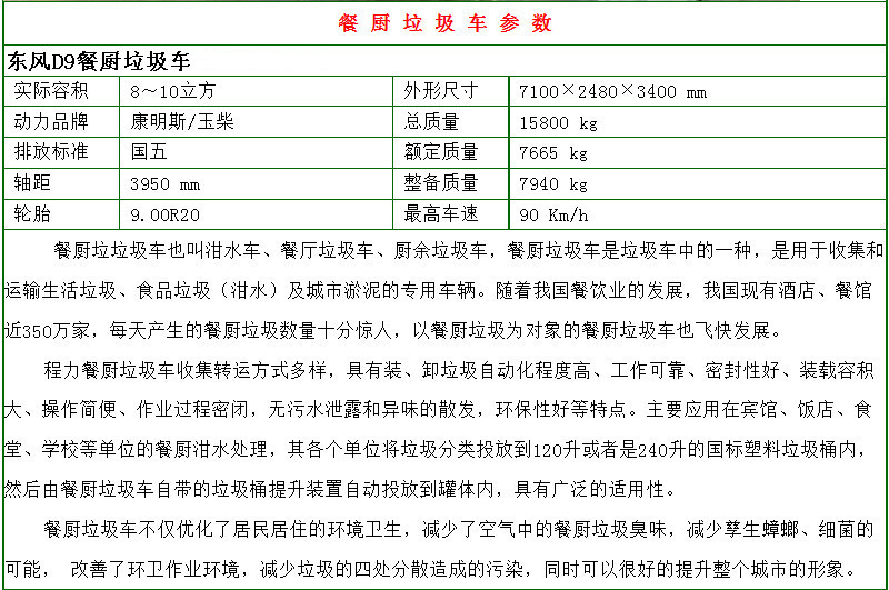 東風多利卡D9餐廚垃圾車配置參數